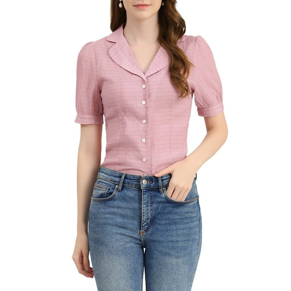 INSPIRE CHIC Women's Camp Collar Button Front Textured Short Bubble Sleeve Shirt