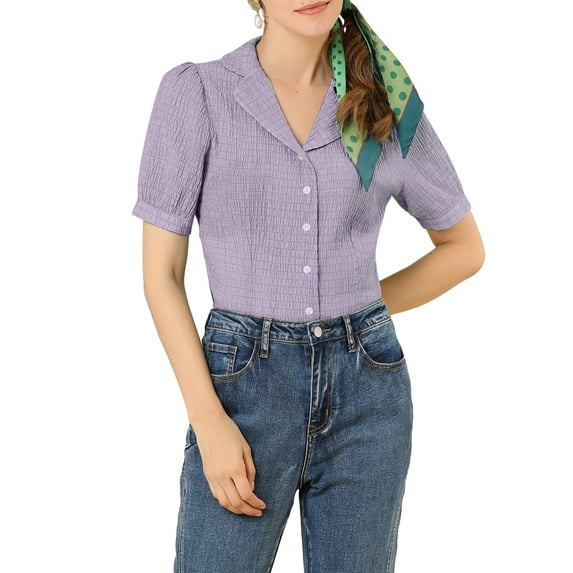 Allegra K Women's Camp Collar Button Front Textured Short Bubble Sleeve Shirt