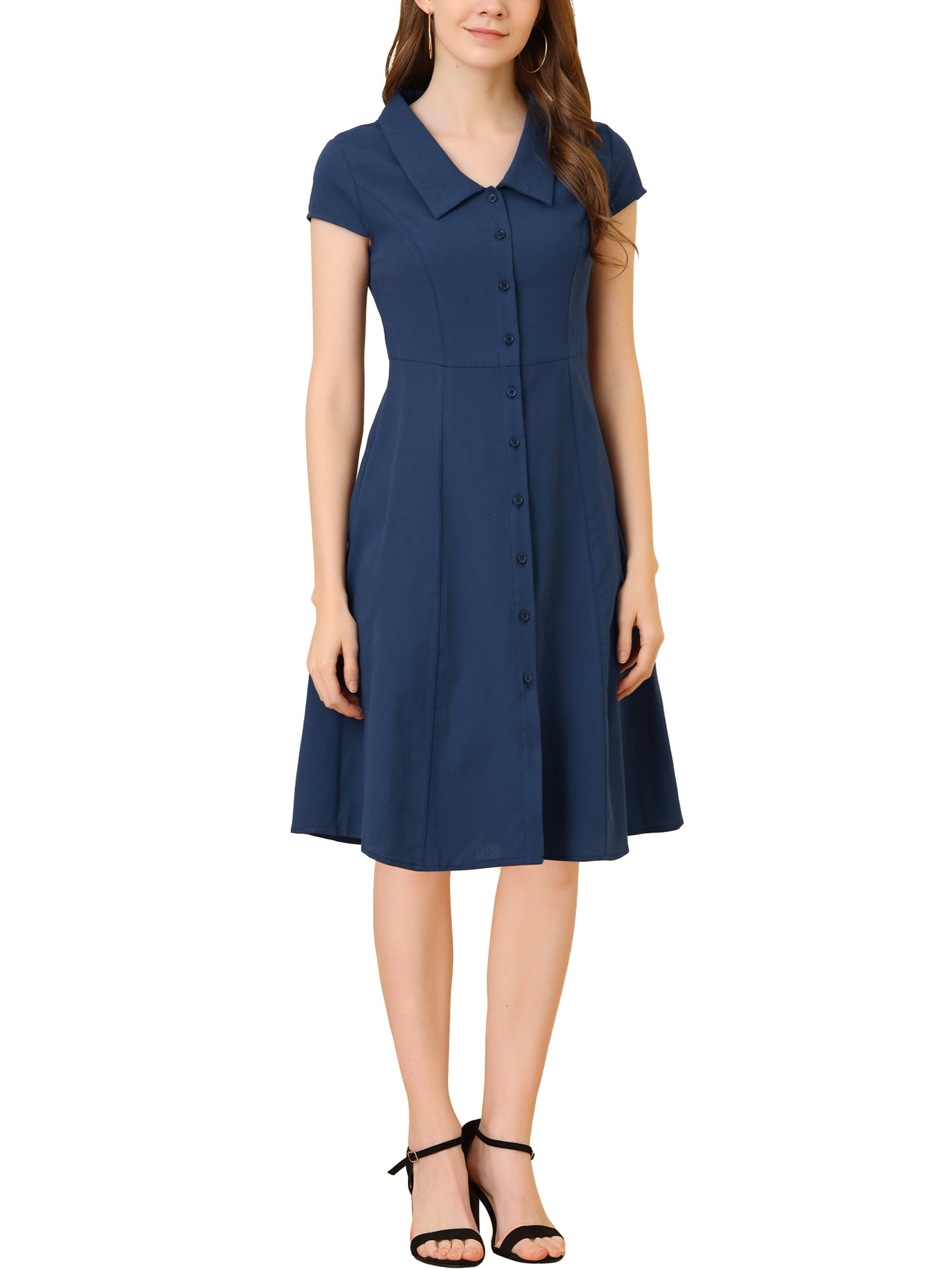 INSPIRE CHIC Women's Cap Sleeve Cotton Button Down Midi Dress XL Navy Blue  - Walmart Business Supplies