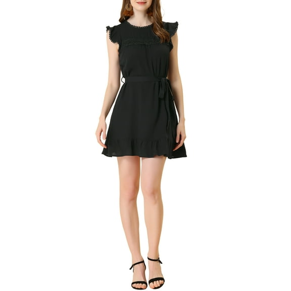 INSPIRE CHIC Women's Cap Sleeve Ruffle Tie Belt Ruffle Hem Dress Black M