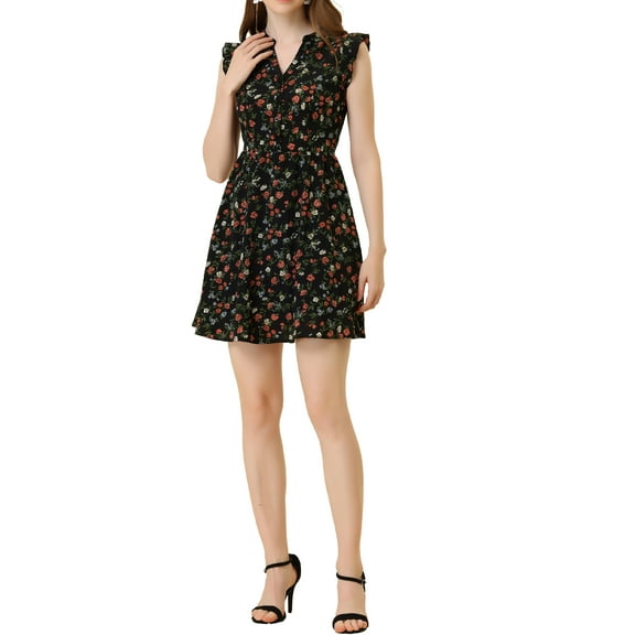 INSPIRE CHIC Women's Cap Sleeve Ruffle V-Neck Floral Summer Casual Dress L Black