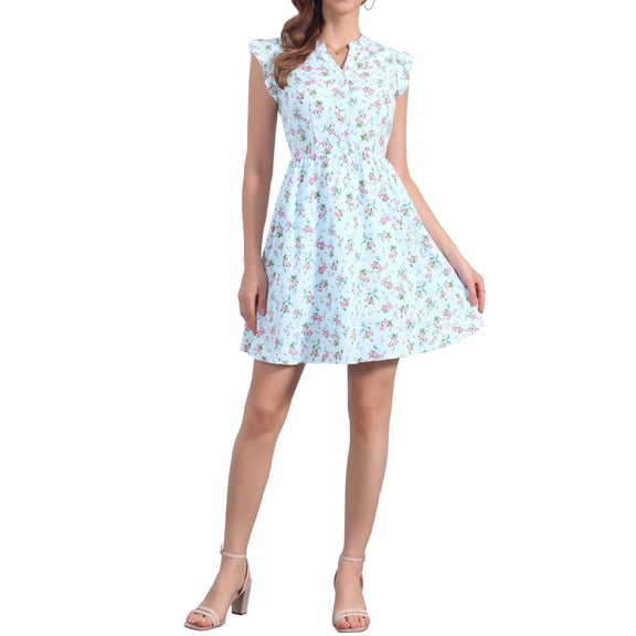 INSPIRE CHIC Women's Cap Sleeve Ruffle V-Neck Floral Summer Casual Dress XS Light Blue