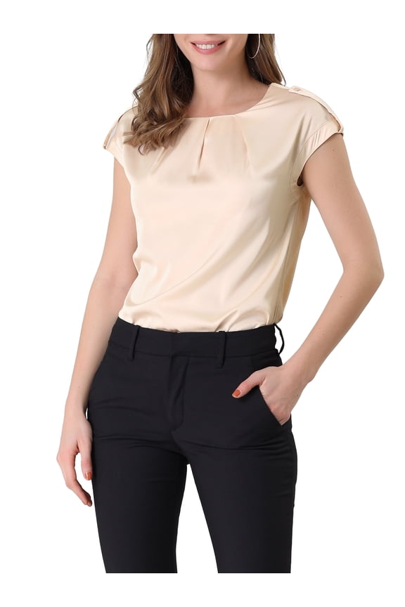 Women's Cap Sleeve Silky Blouse Round Neck Pleated Casual Elegant Top