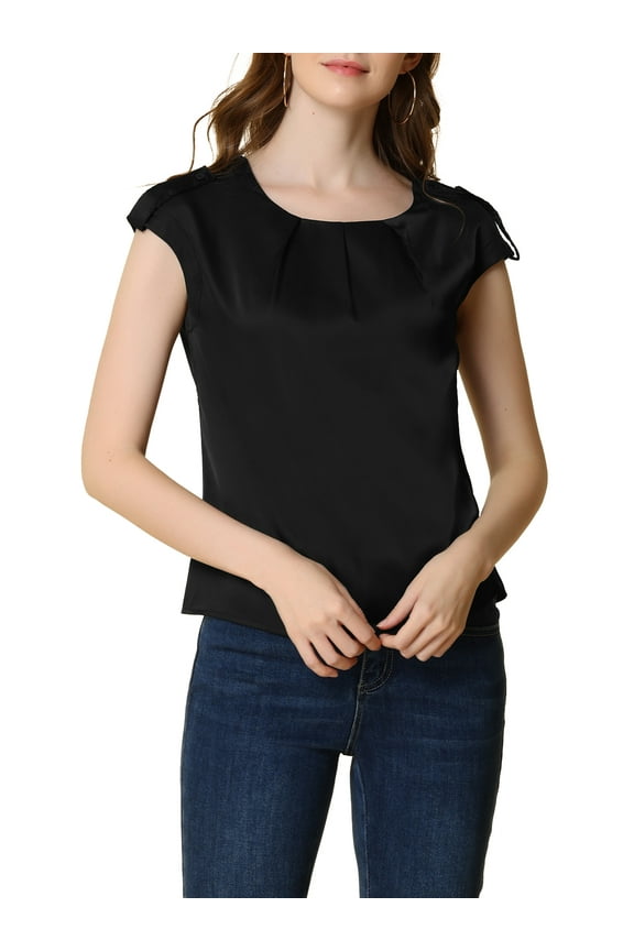 Women's Cap Sleeve Silky Blouse Round Neck Pleated Casual Elegant Top