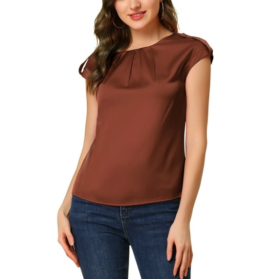 Allegra K Women's Cap Sleeve Silky Blouse Round Neck Pleated Casual Elegant Top
