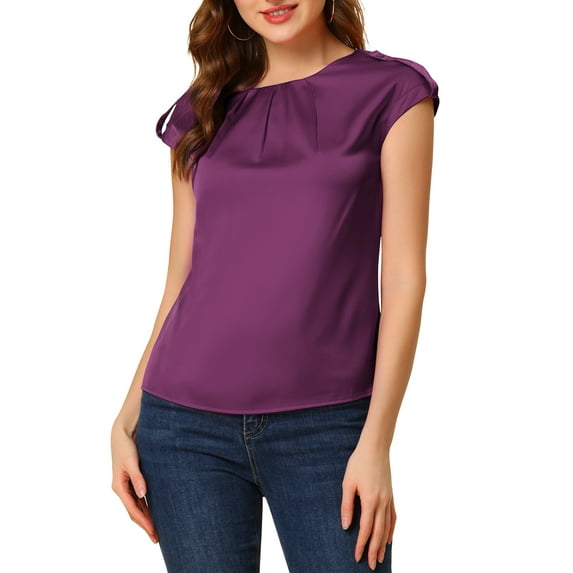 Allegra K Women's Cap Sleeve Silky Blouse Round Neck Pleated Casual Elegant Top