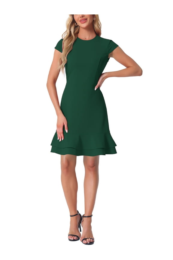 Women's Cap Sleeves Round Neck Tiered Ruffled Hem Above Knee Dress S Green