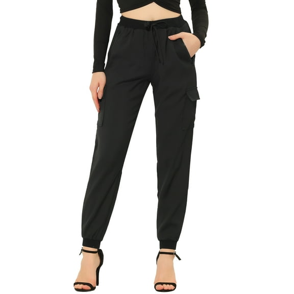 INSPIRE CHIC Women's Cargo Pants with Pockets Solid Color Casual Outdoor Workout Pants Trousers Black XS