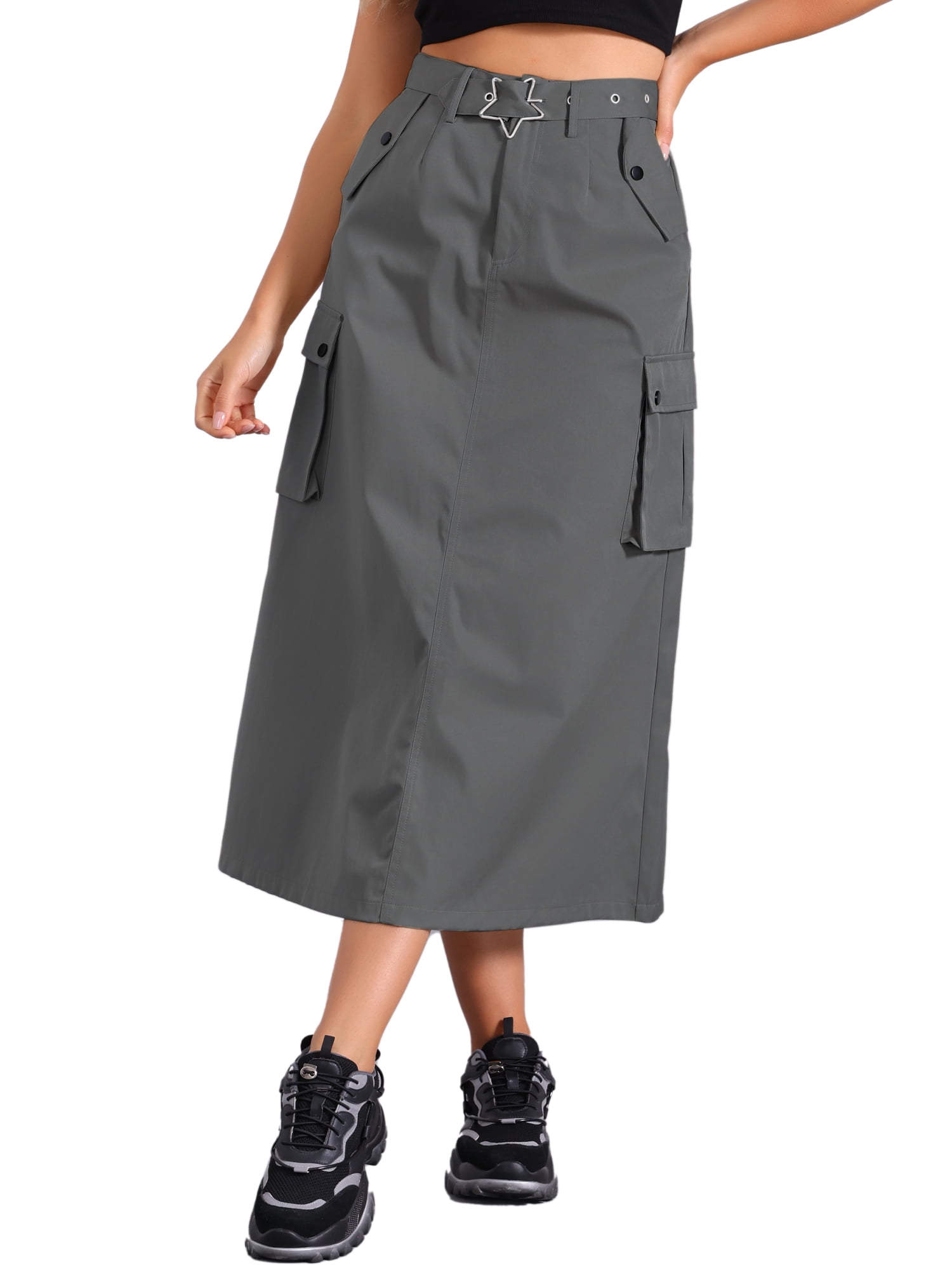 INSPIRE CHIC Women's Cargo Skirt Zip Midi Length with Pockets High