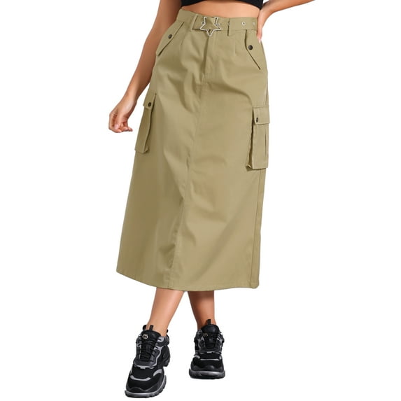 INSPIRE CHIC Women's Cargo Skirt Zip Midi Length with Pockets High Waisted Streetwear Casual Skirts M Khaki