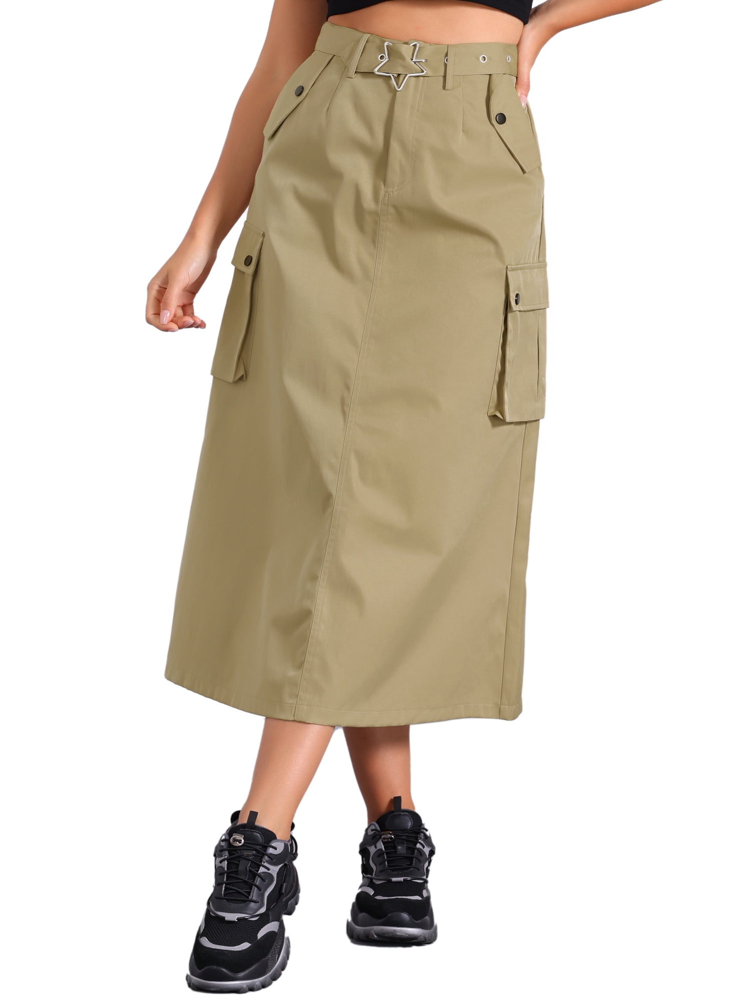 Allegra K Women's Cargo Skirt Zip Midi Length with Pockets High