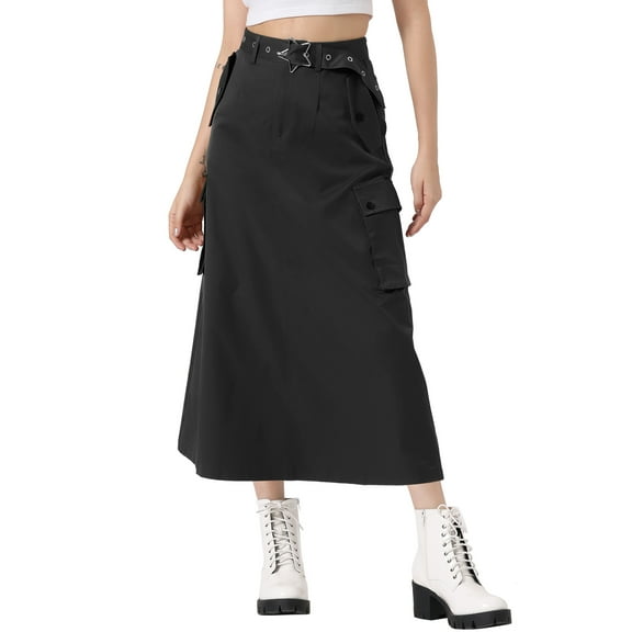 INSPIRE CHIC Women's Cargo Skirt Zip Midi Length with Pockets High Waisted Streetwear Casual Skirts