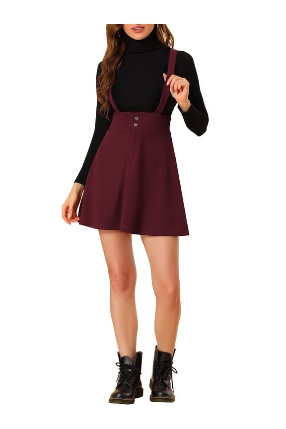 Women's Skirt Casual Adjustable Strap Button Front Suspender Mini Skirt XS Burgundy