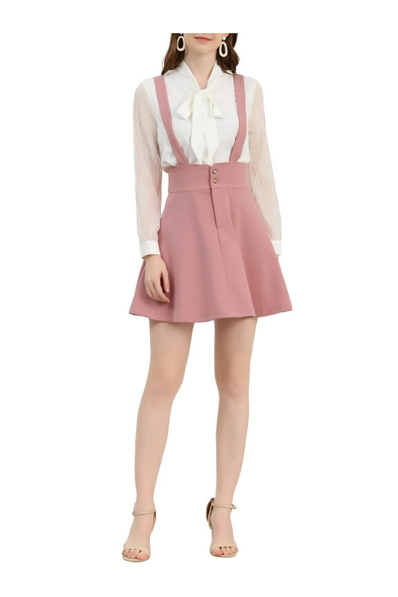 Women's Skirt Casual Adjustable Strap Button Front Suspender Mini Skirt M Pink