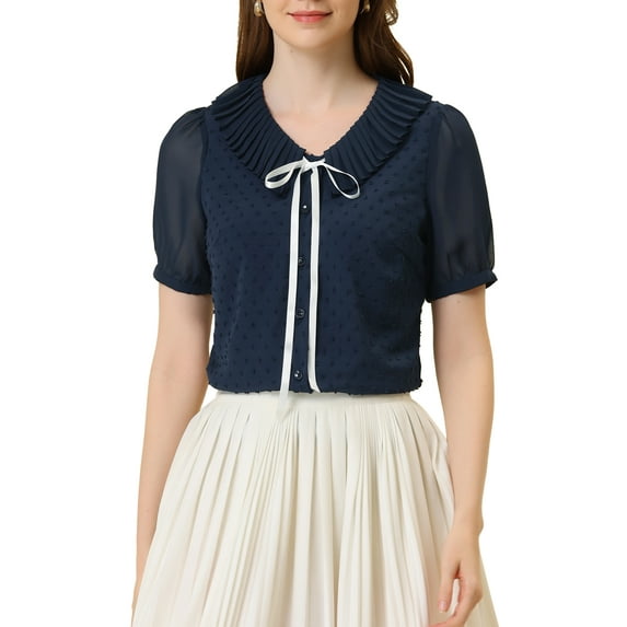 INSPIRE CHIC Women's Casual Bow Tie Pleated Neckline Swiss Dots Short Sleeve Blouse