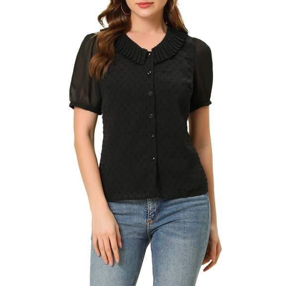 INSPIRE CHIC Women's Casual Bow Tie Pleated Neckline Swiss Dots Short Sleeve Blouse