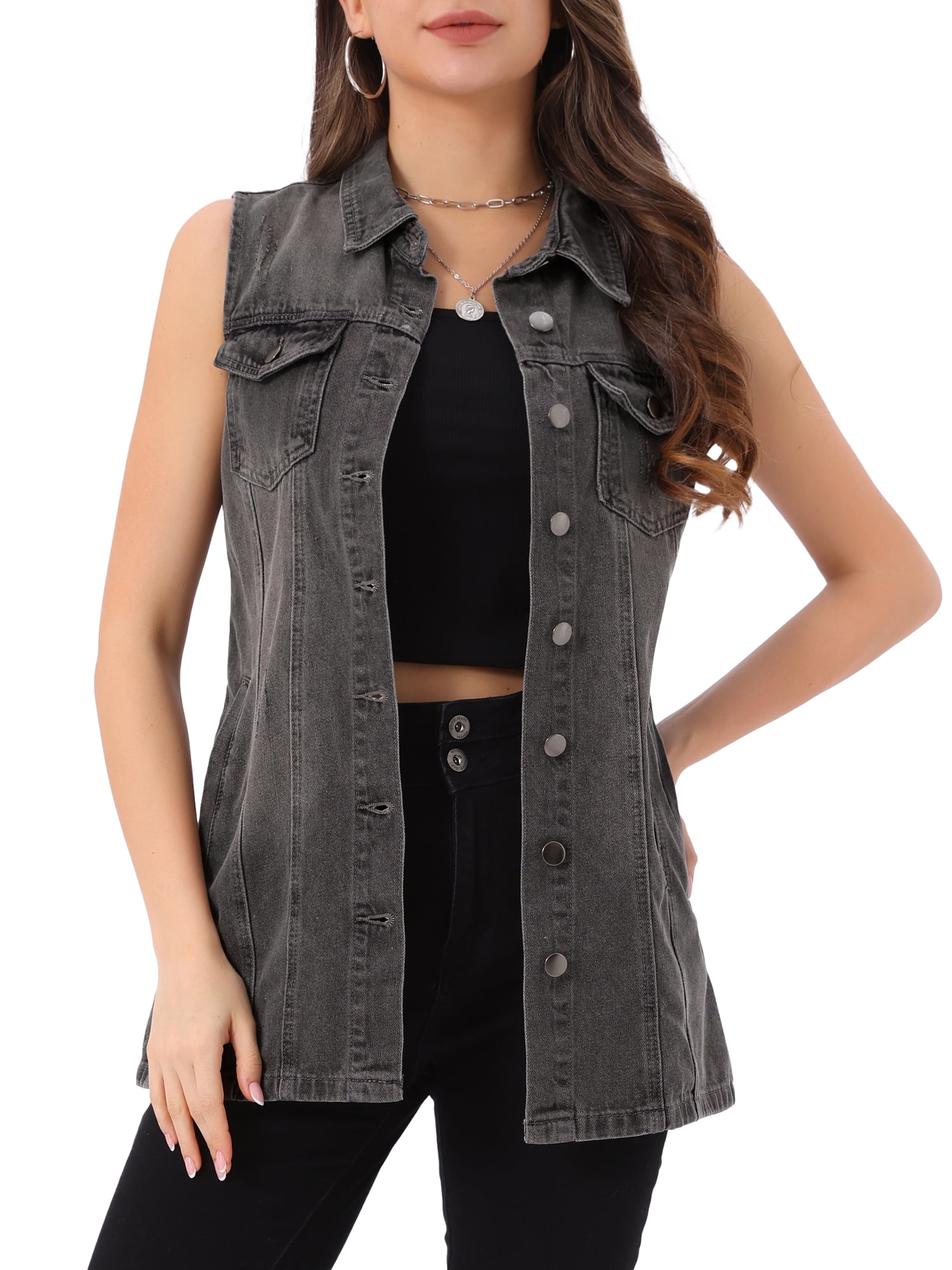 Modern Playful Unique Sleeveless Button-Down Denim Vest Top