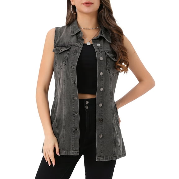 INSPIRE CHIC Women's Denim Vest Sleeveless Button Down Mid Length Casual Jean Vest L Grey