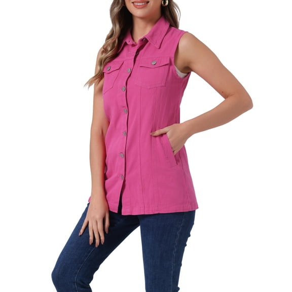 INSPIRE CHIC Women's Denim Vest Sleeveless Button Down Mid Length Casual Jean Vest L Hot Pink