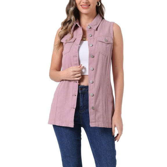 INSPIRE CHIC Women's Denim Vest Sleeveless Button Down Mid Length Casual Jean Vest M Pink