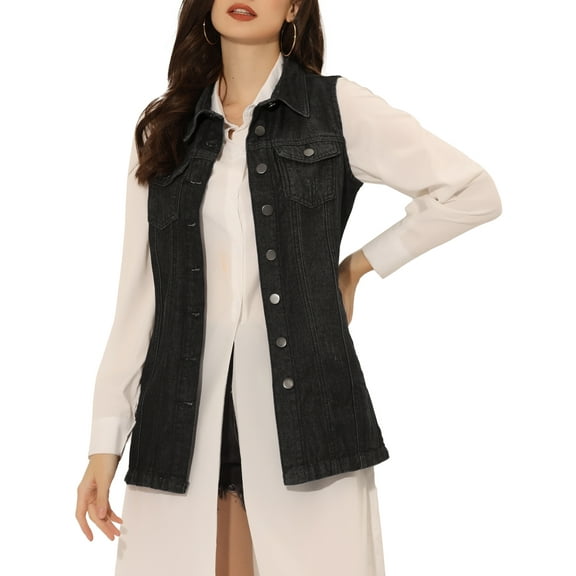 INSPIRE CHIC Women's Denim Vest Sleeveless Button Down Mid Length Casual Jean Vest S Black