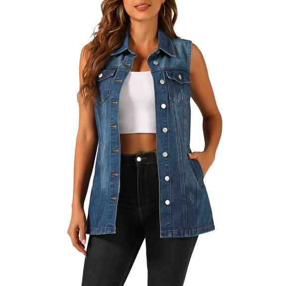 INSPIRE CHIC Women's Denim Vest Sleeveless Button Down Mid Length Casual Jean Vest S Dark Blue