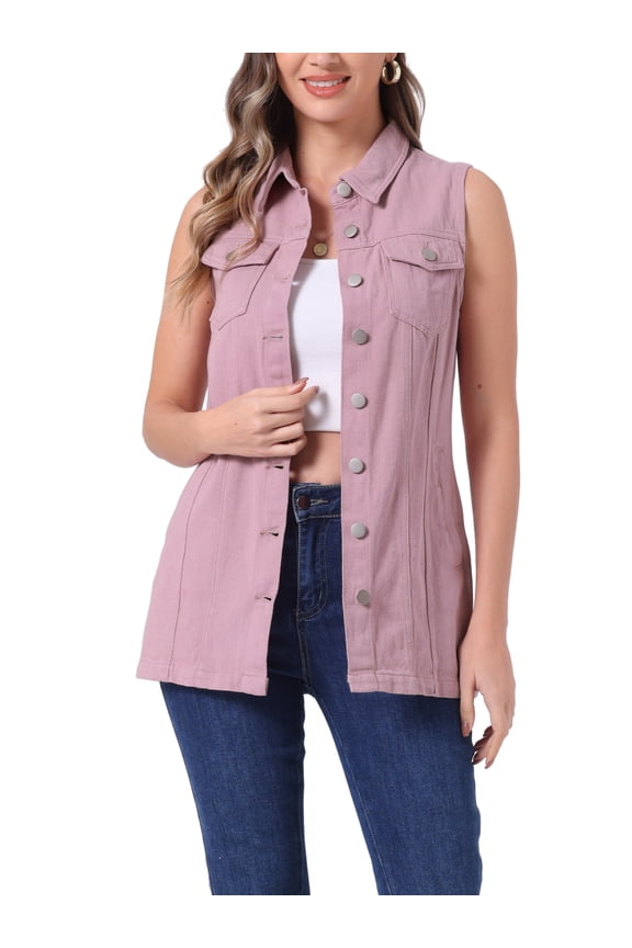 Women's Denim Vest Sleeveless Button Down Mid Length Casual Jean Vest Pink S