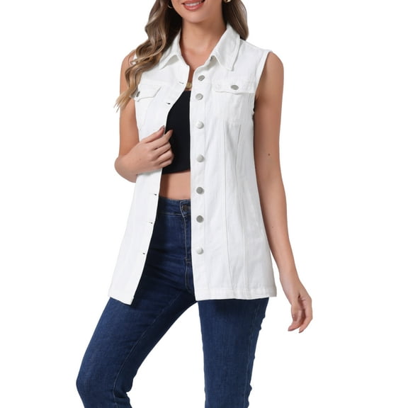 INSPIRE CHIC Women's Denim Vest Sleeveless Button Down Mid Length Casual Jean Vest S White