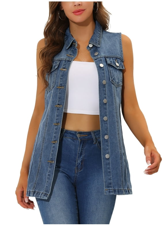 Women's Denim Vest Sleeveless Button Down Mid Length Casual Jean Vest XS Blue