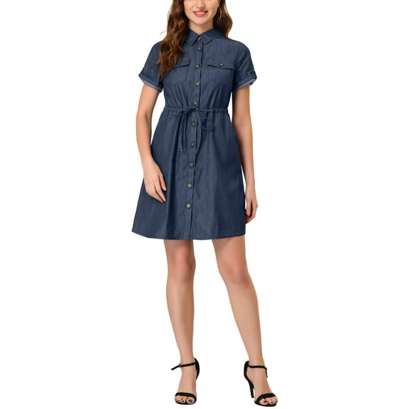 INSPIRE CHIC Women's Casual Button Front Summer Short Sleeve Dresses S Navy Blue