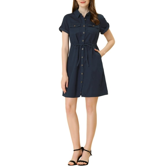 INSPIRE CHIC Women's Casual Button Front Summer Short Sleeve Dresses M Dark Blue