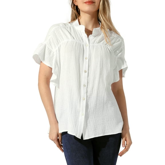 INSPIRE CHIC Women's Casual Button Up Textured Ruffle Sleeve Blouses