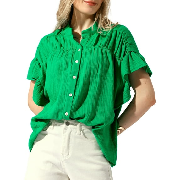 INSPIRE CHIC Women's Casual Button Up Textured Ruffle Sleeve Blouses