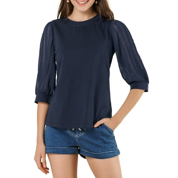 INSPIRE CHIC Women's Casual Contrast Panel Sheer 3/4 Sleeve Blouse S Navy