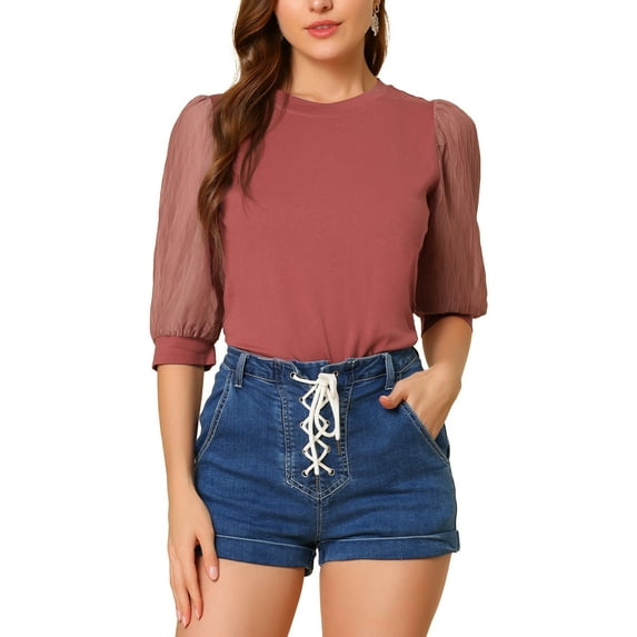 INSPIRE CHIC Women's Casual Contrast Panel Sheer 3/4 Sleeve Blouse XL Red