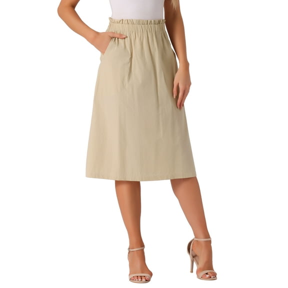 INSPIRE CHIC Women's Cotton Skirt Elastic Waist Casual Peasant A-Line Midi Skirts with Pockets XL Khaki