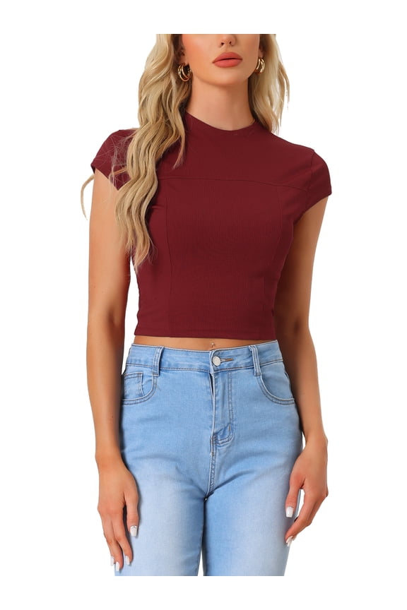 Women's Casual Crew Neck Cap Sleeves Basic Solid Tops Red XS