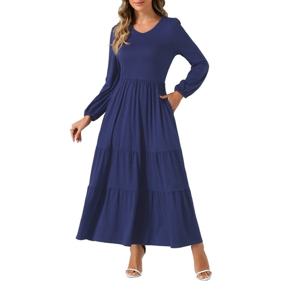 INSPIRE CHIC Tiered A-Line Dresses for Women's Crewneck Long Sleeve Midi Casual Dress with Pockets L Dark Blue