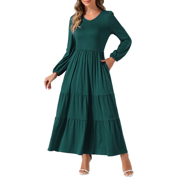 INSPIRE CHIC Tiered A-Line Dresses for Women's Crewneck Long Sleeve Midi Casual Dress with Pockets XL Dark Green INSPIRE CHIC Tiered A-Line Dresses for Women's Crewneck Long Sleeve Midi Casual Dress with Pockets XL Dark Green