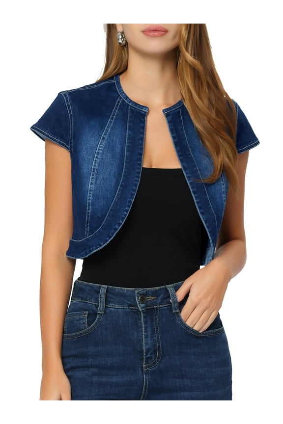 Women's 2023 Crop Denim Cap Sleeve Slim Fit Summer Jean Jacket L Dark Blue