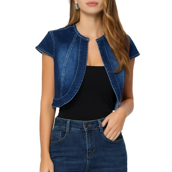 INSPIRE CHIC Women's 2023 Crop Denim Cap Sleeve Slim Fit Summer Jean Jacket XS Dark Blue