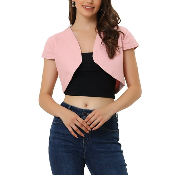 INSPIRE CHIC Womens Casual Crop Denim Cardigan Cap Sleeve Jean Jacket Shrug L Pink