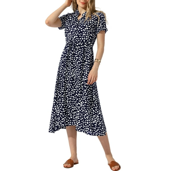 INSPIRE CHIC Women's Casual Dresses Button Down Short Sleeve Drawstring High Waist Midi Dress