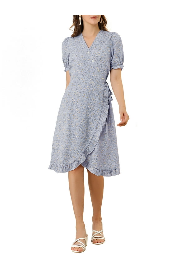 Women's Casual Dresses Wrap V Neck Puff Sleeve Ruffle Hem Midi Floral Dress