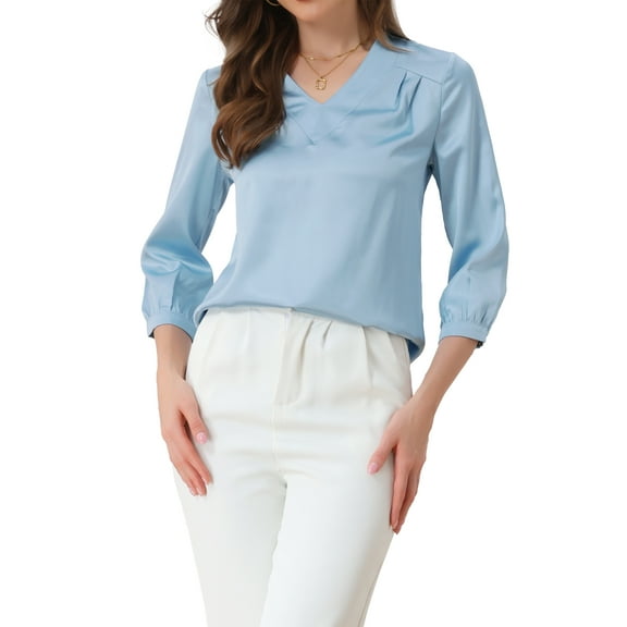 INSPIRE CHIC Women's Casual Dressy Office Blouses 3/4 Sleeve V Neck Satin Shirt XS Light Blue