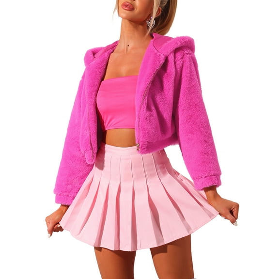 INSPIRE CHIC Women's Casual Faux Fur Coat Zip Up Hooded Cropped Fuzzy Fleece Jacket L Hot Pink