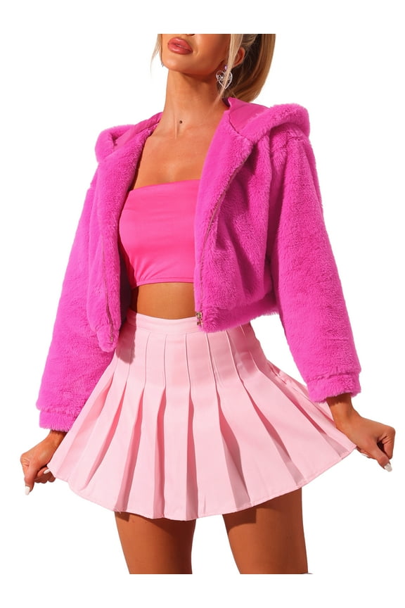 Women's Casual Faux Fur Coat Zip Up Hooded Cropped Fuzzy Fleece Jacket L Hot Pink