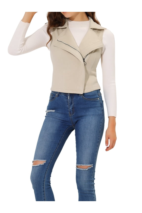 Women's Casual Faux Suede Sleeveless Short Biker Vest Jacket S Beige