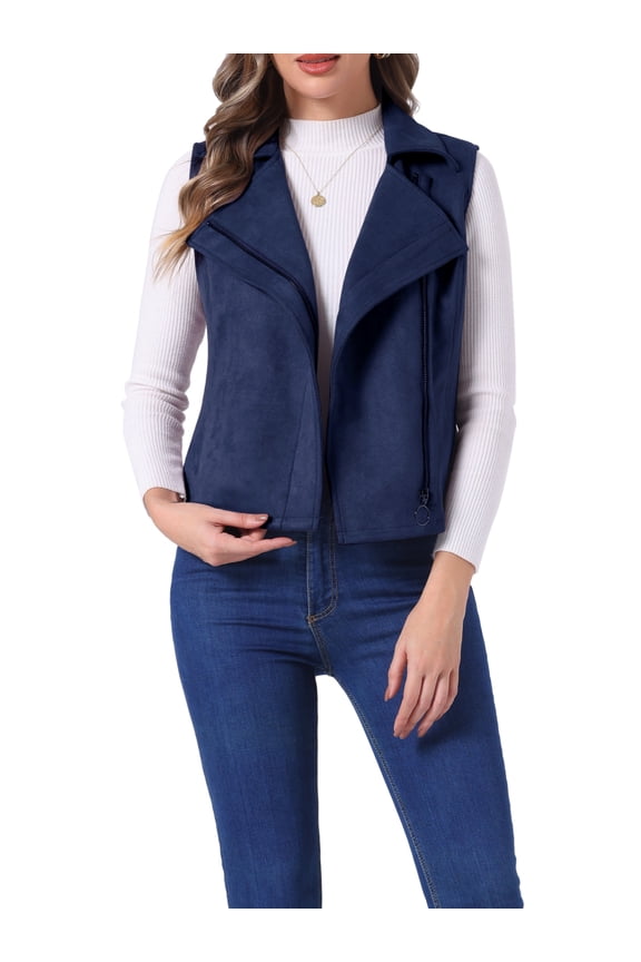 Women's Casual Faux Suede Sleeveless Short Biker Vest Jacket S Dark Blue