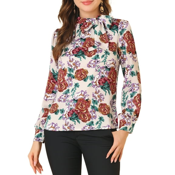 INSPIRE CHIC Women's Casual Floral Puffy Long Sleeve Side Bow Tie Neck Tops Beige M